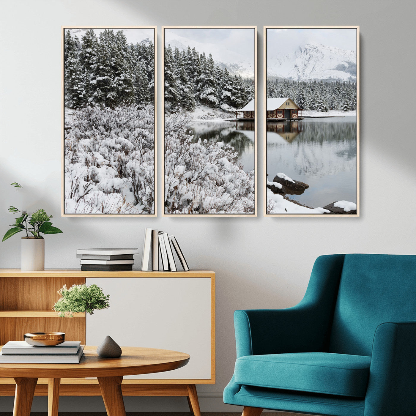 MGV-FC-48X32-3P - Winter Wall Art - Cabin by the Lake Canvas Wall Art - Serene Snowy Landscape with Mountain View,