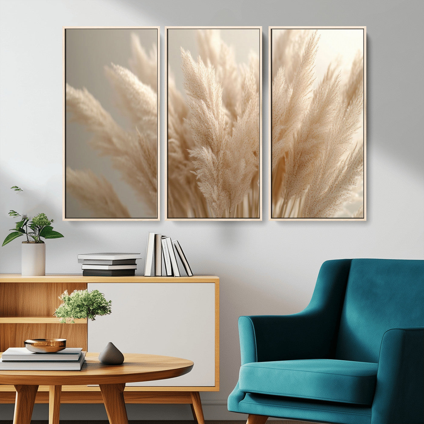 MGV-FC-48X32-3P - Pampas Grass Canvas Wall Art - Elegant Neutral Decor for Living Room, Boho Minimalist Artwork, Ready