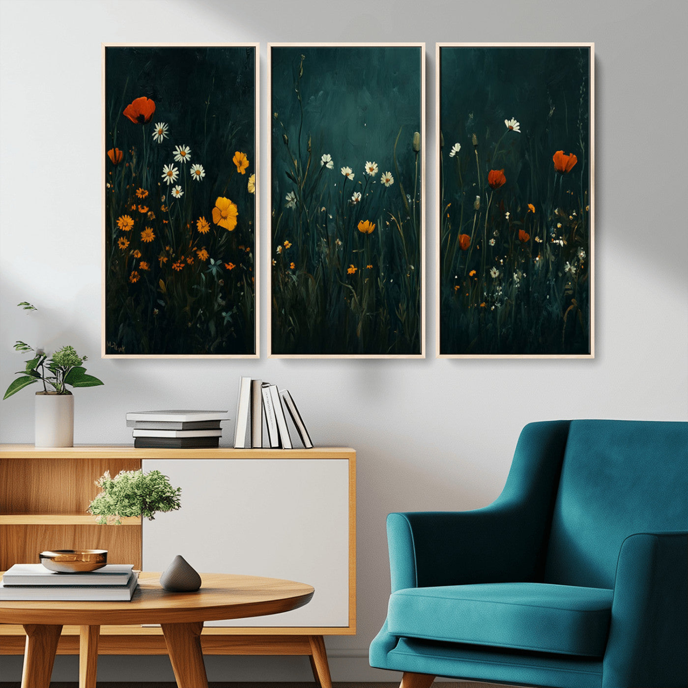 MGV-FC-48X32-3P - Framed Wildflower Field Wall Art, Framed Vintage Botanical Landscape Sign, Floral Decor, Modern