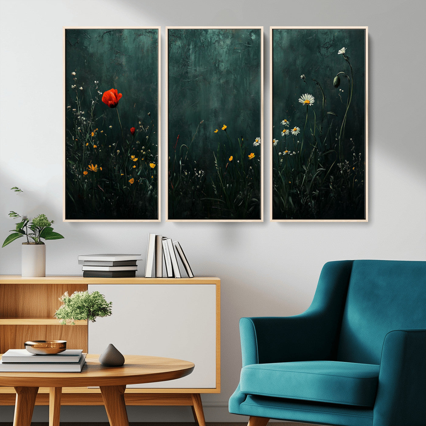 MGV-FC-48X32-3P - Wildflower Field Framed Wall Art, Vintage Botanical Landscape Sign, Botanical Wall Art, Modern