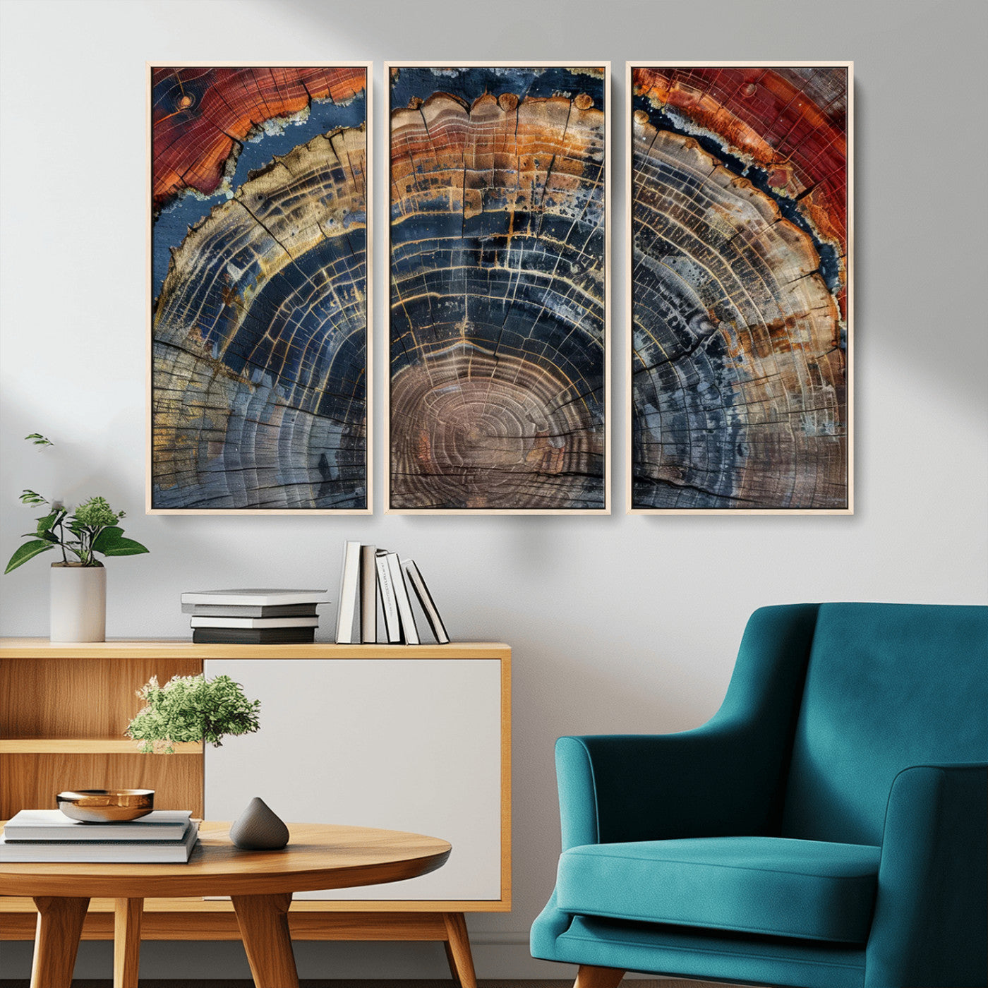 MGV-FC-48X32-3P - Abstract Tree Ring Wall Art, Colorful Framed Tree Ring Wall Decor, Minimalist Home Canvas Art,