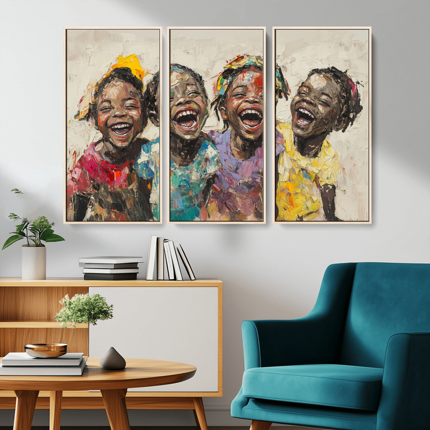 MGV-FC-48X32-3P - Shai Yossef style Joyful Childhood Canvas Wall Art - Expressive Impasto Painting of Black Children