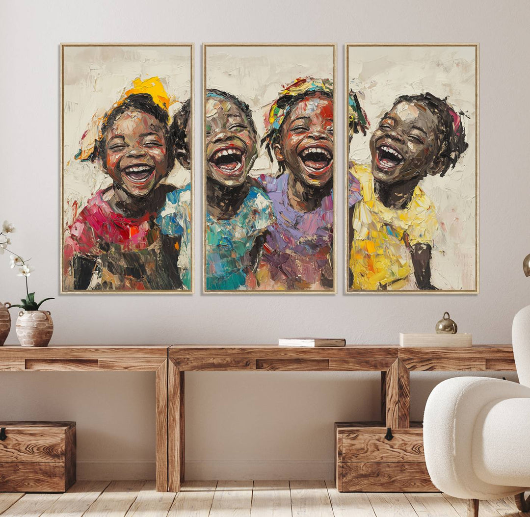 The Joyful Childhood Canvas Art by Shai Yossef, depicting kids laughing, is featured in the living room.