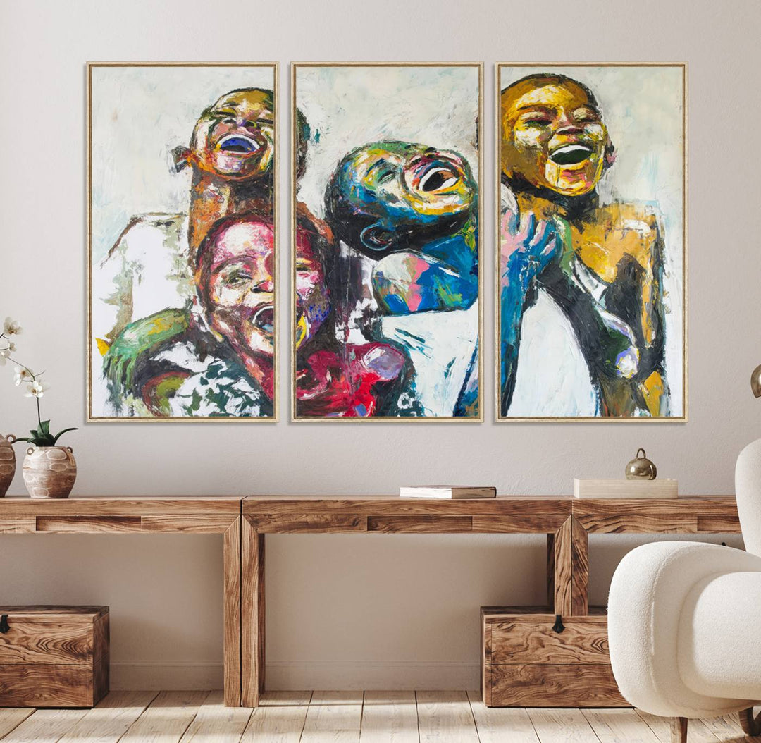 A vibrant Shai Yossef canvas art of joyful kids hangs prominently.