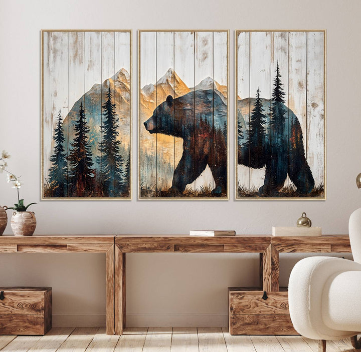Grizzly 399 Wall Art triptych features a serene mountain scene.