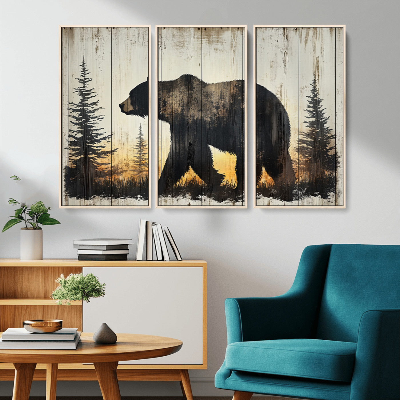 83875-MGV-CV-36X24-Vintage Bear Wall Art Canvas Print for Farmhouse - Mountain Wood Canvas Wall Art - Forest Silhouette