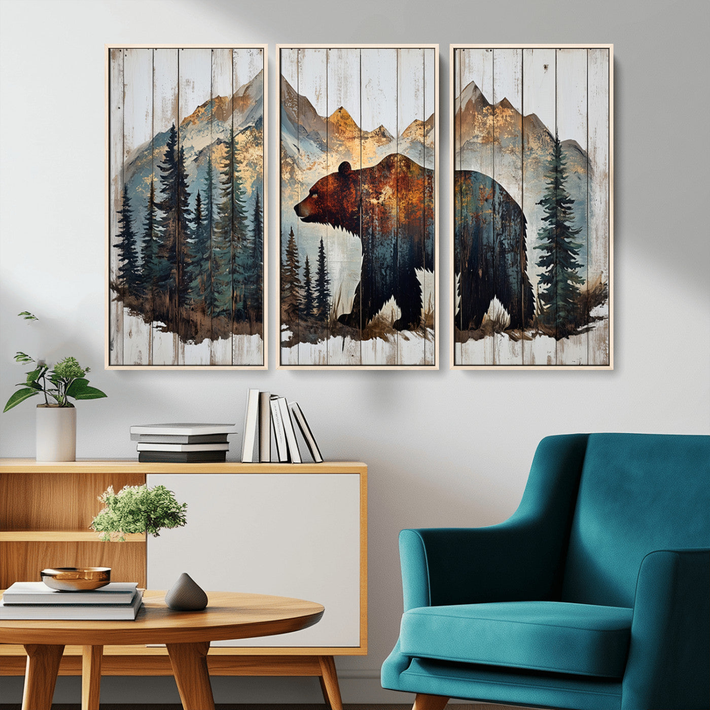 55777-MGV-CV-36X24-Rustic Grizzly 399 Bear and Mountain Wood Canvas Wall Art - Framed Nature Artwork with Forest