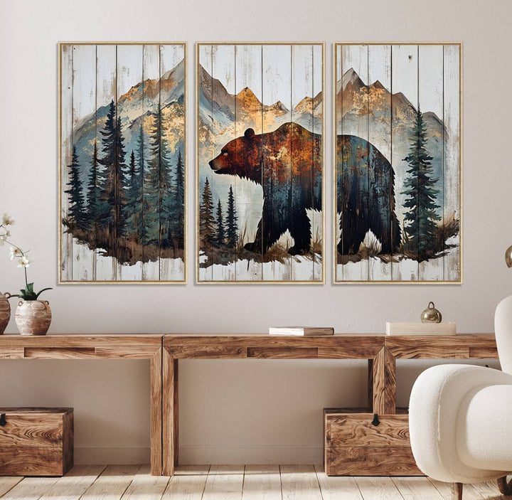 The living room features Rustic Grizzly 399 bear wall art, adding a cozy touch to the setup.