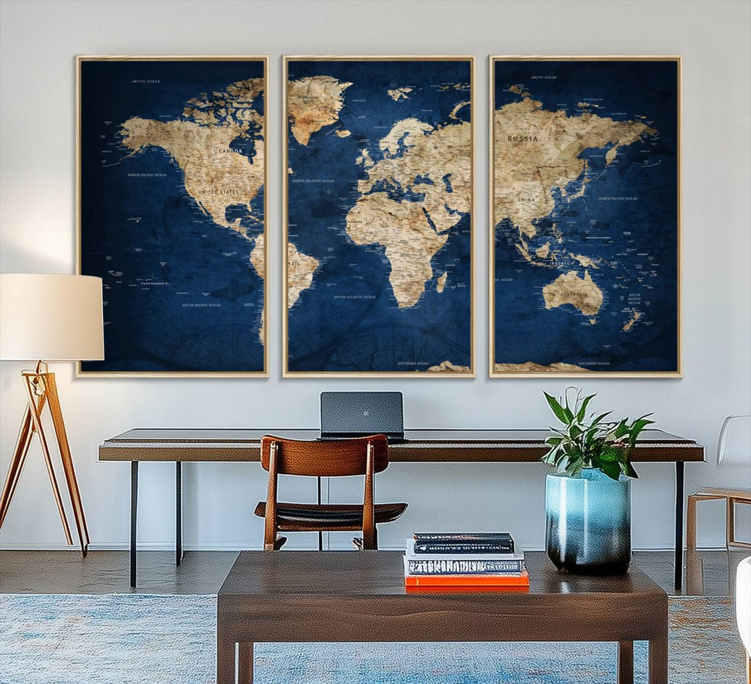 A personalized world map canvas print hangs above.