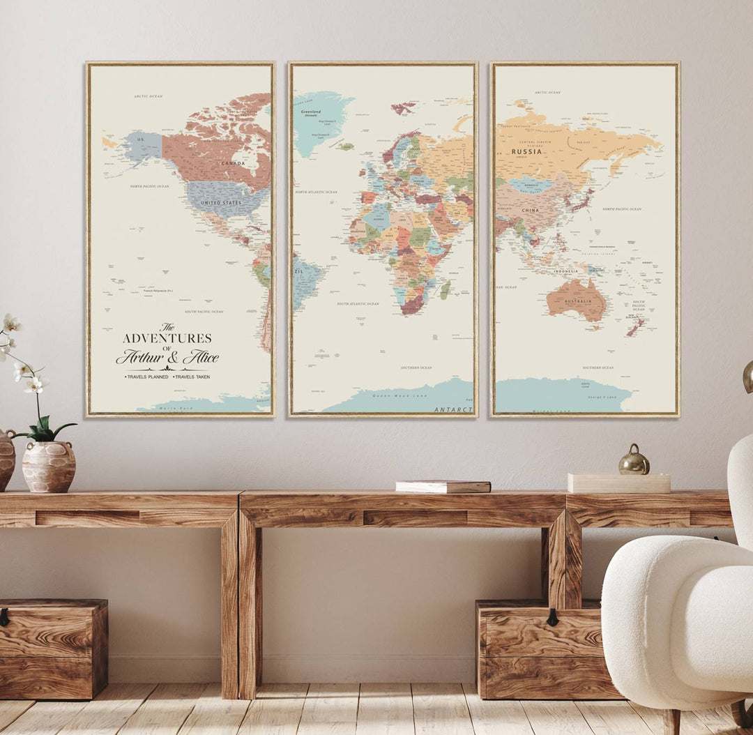 A large, colorful Custom World Map Canvas hangs on the light-colored wall.