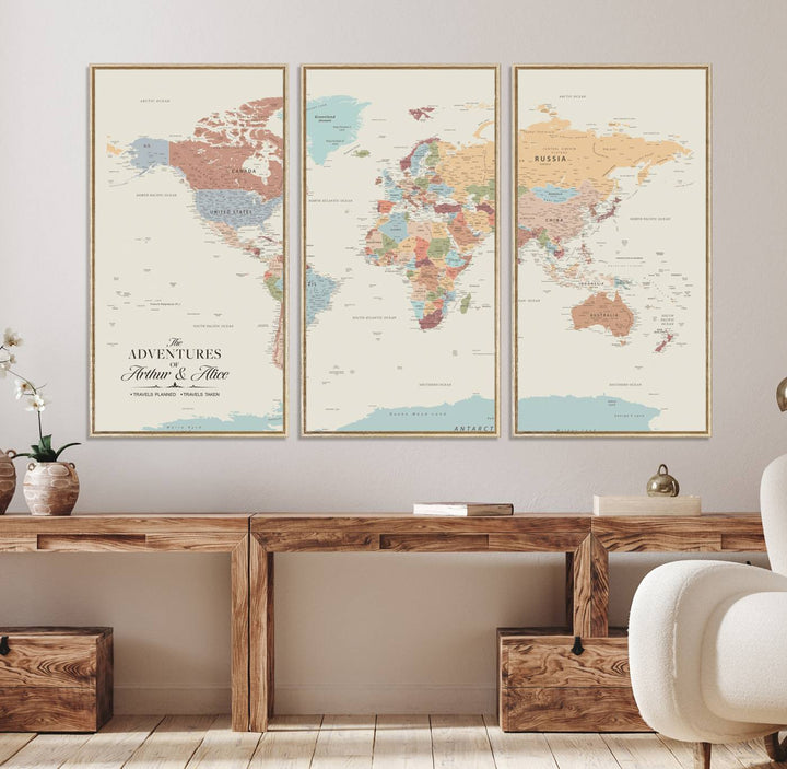 A large, colorful Custom World Map Canvas hangs on the light-colored wall.