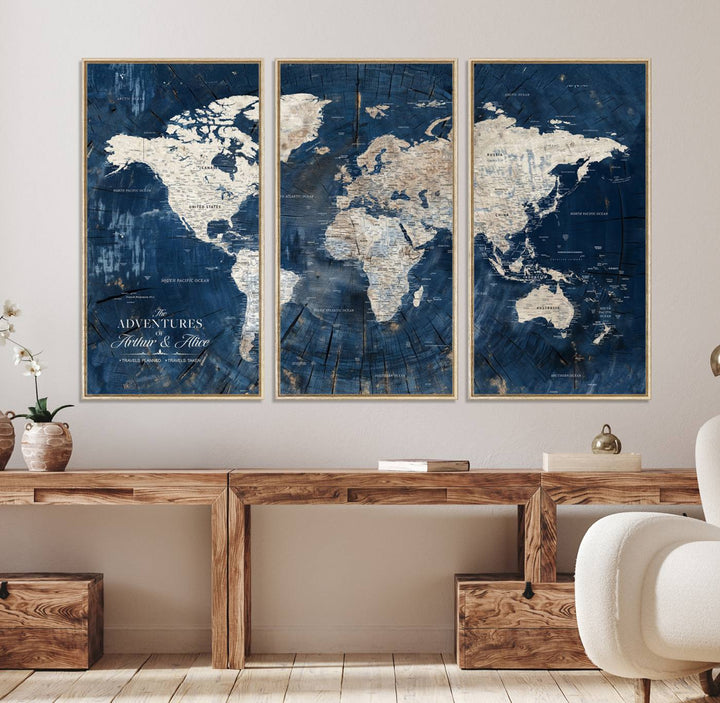 Personalized World Map Wall Art Print is displayed on a porch, with plants in the background.