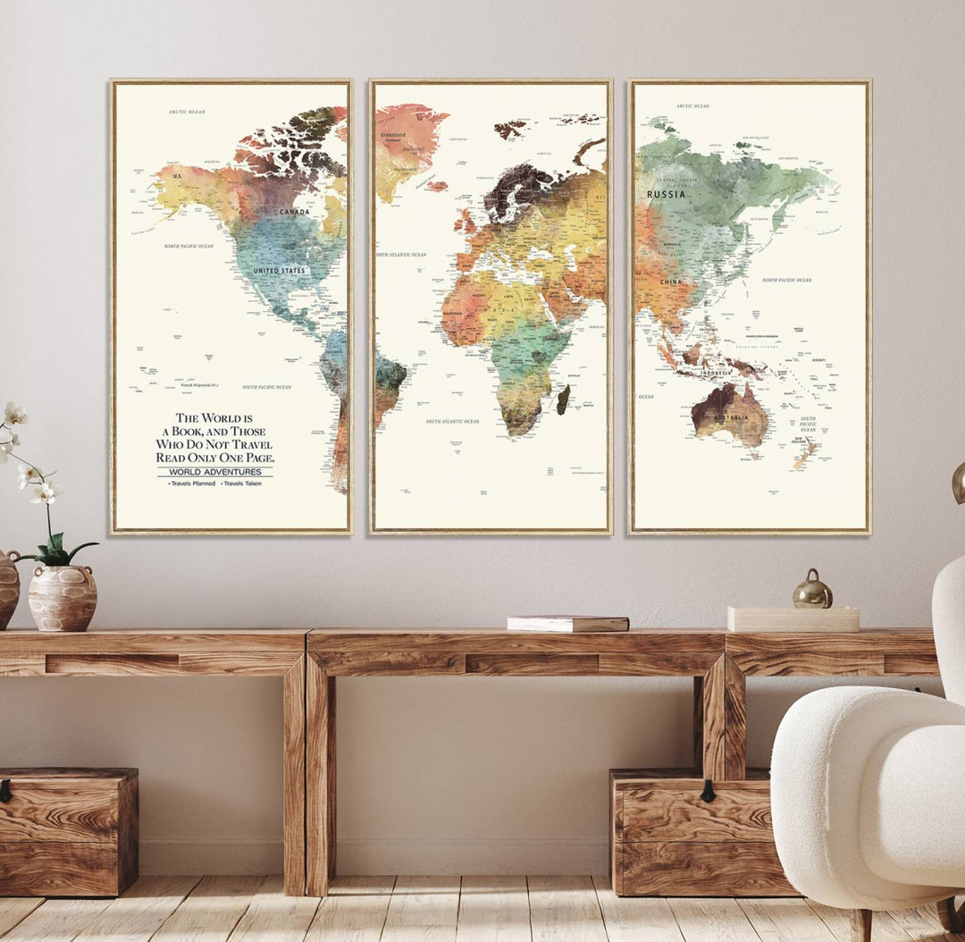 A colorful Personalized World Map Canvas Print, ideal as wall art for living room or office.