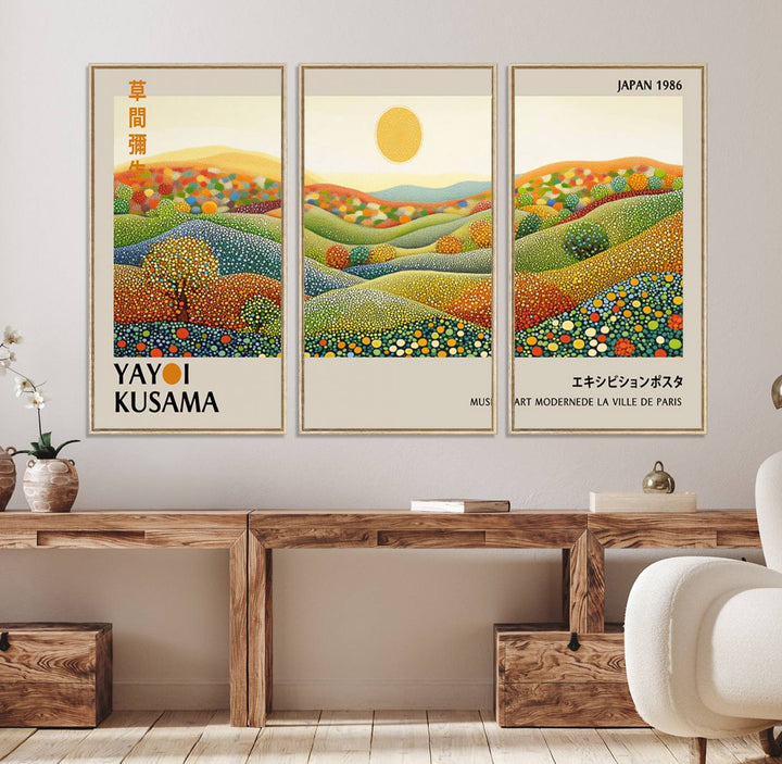 The Yayoi Kusama Wabi Sabi Japanese Wall Art Print features a vibrant landscape with dots, sun, and mountains.