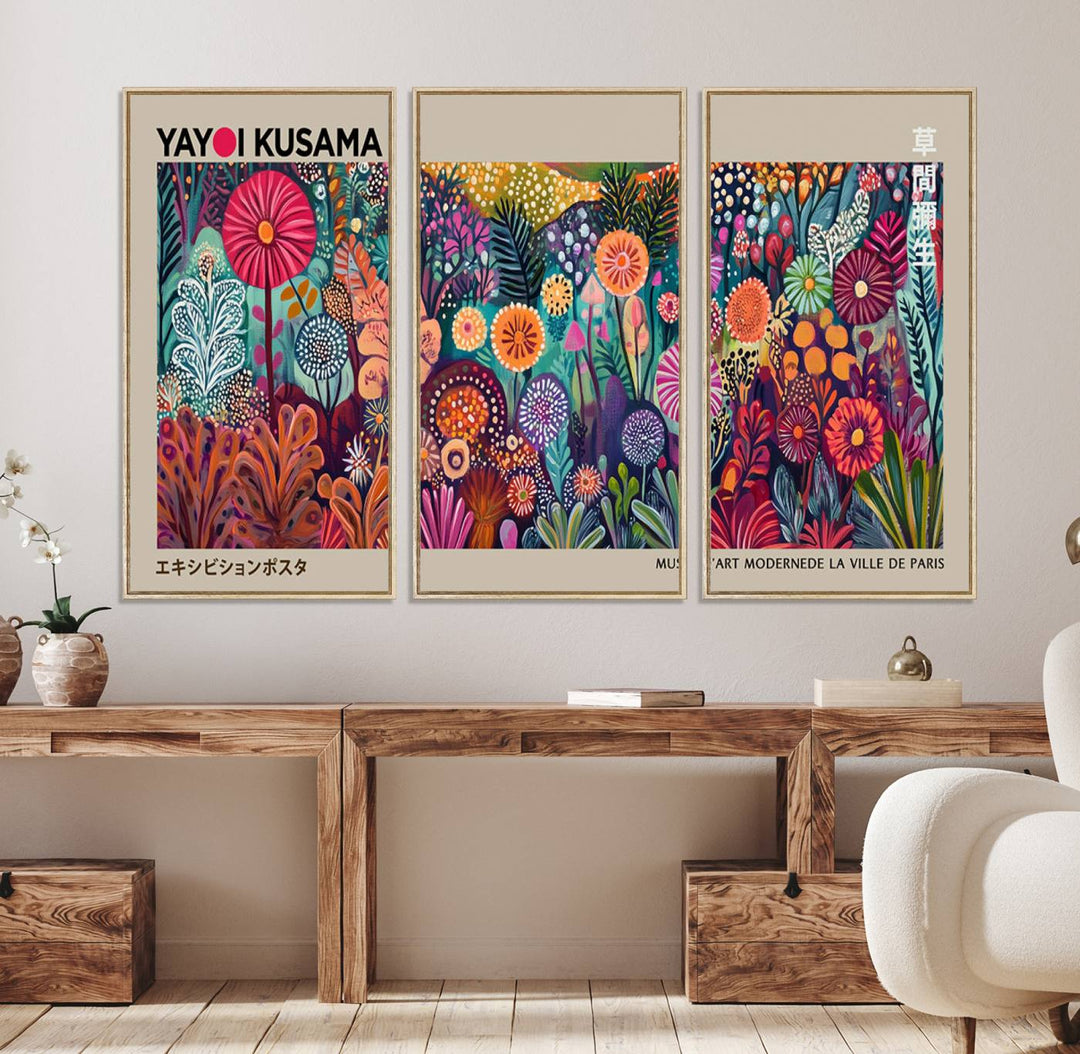 A vibrant Yayoi Kusama Wall Art Canvas Print is held on a porch.