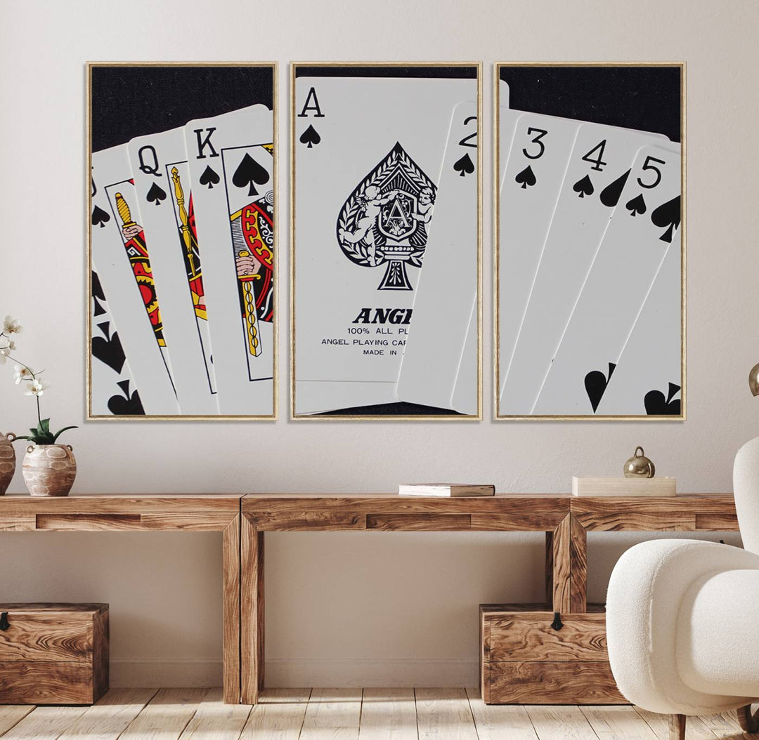 The oversized Poker Wall Art features the Ace of Spades and is displayed on a porch.