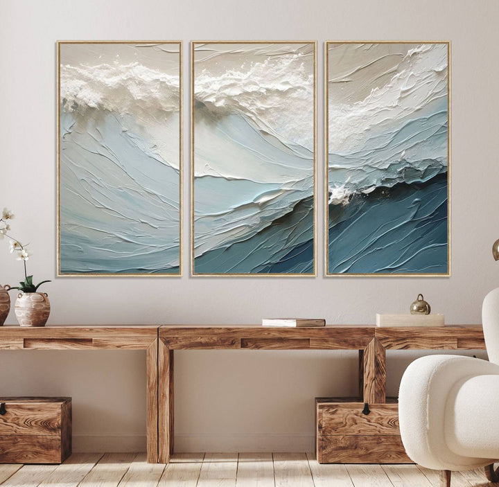 Waves Abstract Wall Art Print displayed on a porch with white siding.