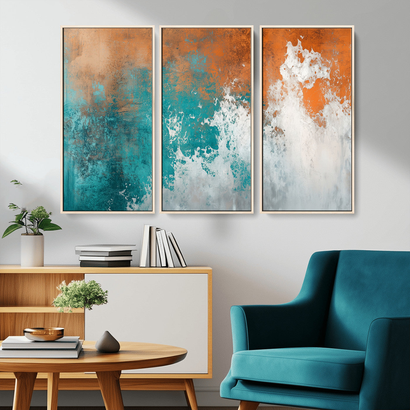 MGV-FC-48X32-3P - Vintage Abstract Print - Bold Teal and Orange Canvas Wall Art - Retro-Vintage Abstract Orange Canvas