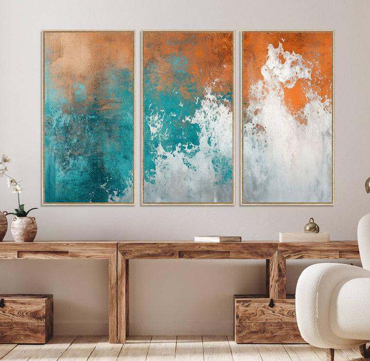 The Vintage Abstract Print - Bold Teal and Orange Canvas Wall Art is displayed on a porch.
