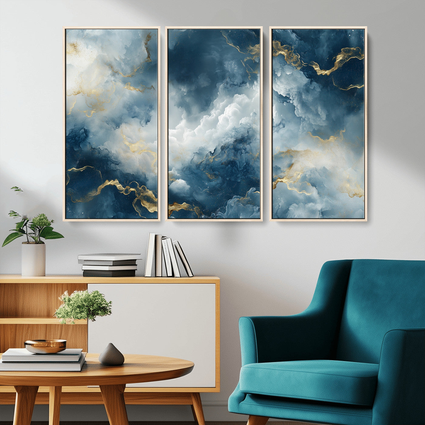 MGV-FC-48X32-3P - Large Abstract Print - Luxe Blue and Gold Abstract Canvas Wall Art - Bold Cloudscape Canvas for