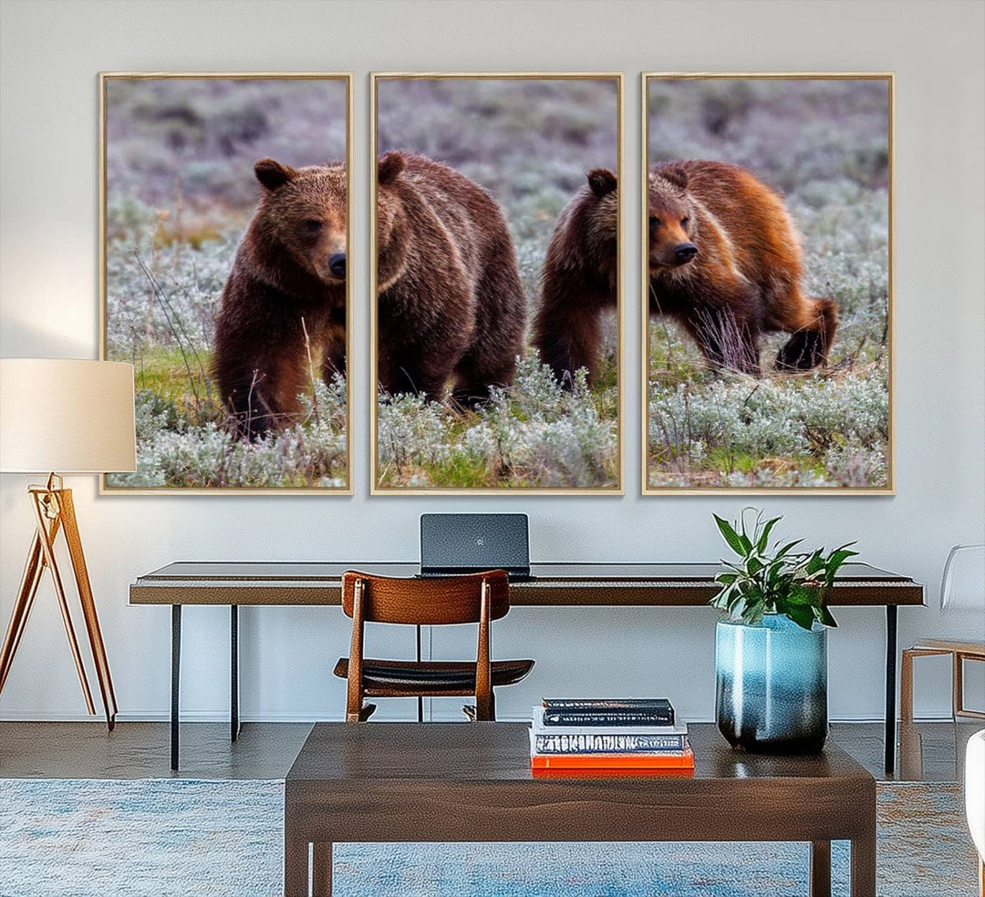 The "Grizzly 399 in Wild Flowers" wall art canvas print, showcasing grizzly bears amidst vibrant wildflowers, elegantly captures the enchanting essence of nature. This handmade piece from the USA brings striking beauty to any space.