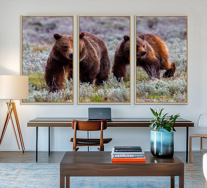 The "Grizzly 399 in Wild Flowers" wall art canvas print, showcasing grizzly bears amidst vibrant wildflowers, elegantly captures the enchanting essence of nature. This handmade piece from the USA brings striking beauty to any space.