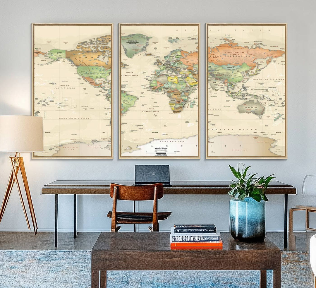 The Large Push Pin World Map Wall Art Canvas Print, with a gallery-quality finish, is carefully crafted on premium canvas and handmade in the USA. This piece adds a touch of elegance to any space.