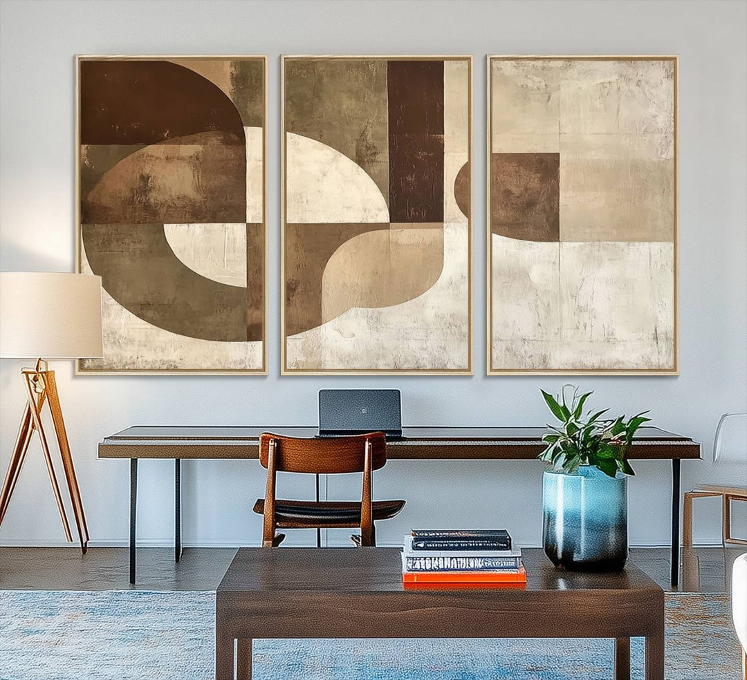 A Wabi Sabi Geometric Minimalist Wall Art Canvas Print—with a modern abstract geometric design in brown and beige tones—stands proudly in front of a house.