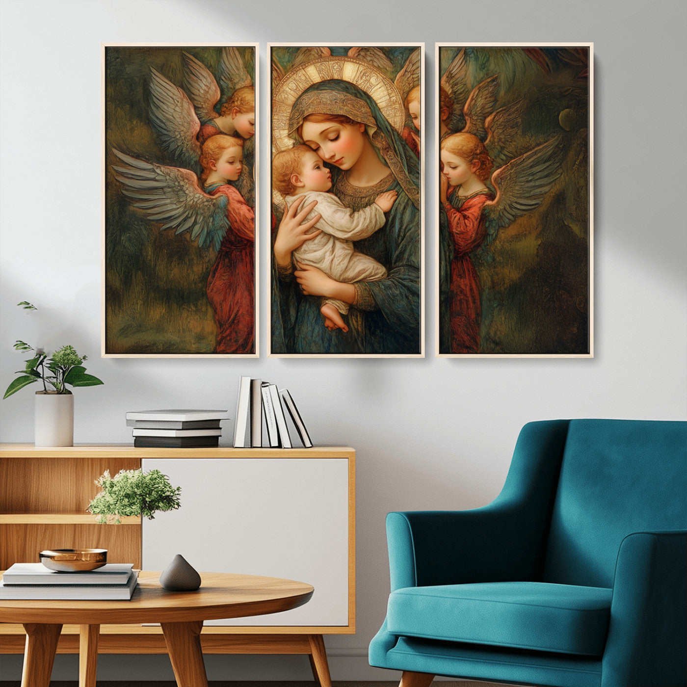 MGV-FC-48X32-3P - Mary Jesus Canvas Wall Art Print - Madonna and Child with Angels Art Print - Classic Christian
