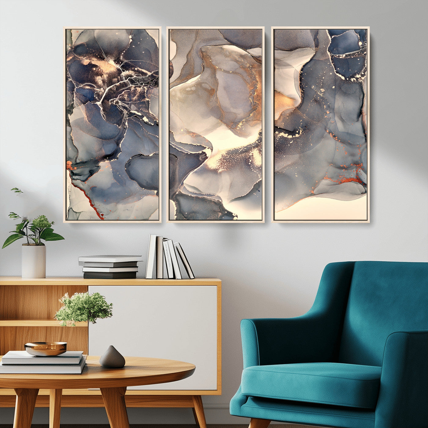 MGV-FC-48X32-3P - Abstract Blue and Gold Wall Art - Fluid Ink Artwork - Modern Luxury Wall Decor for Contemporary