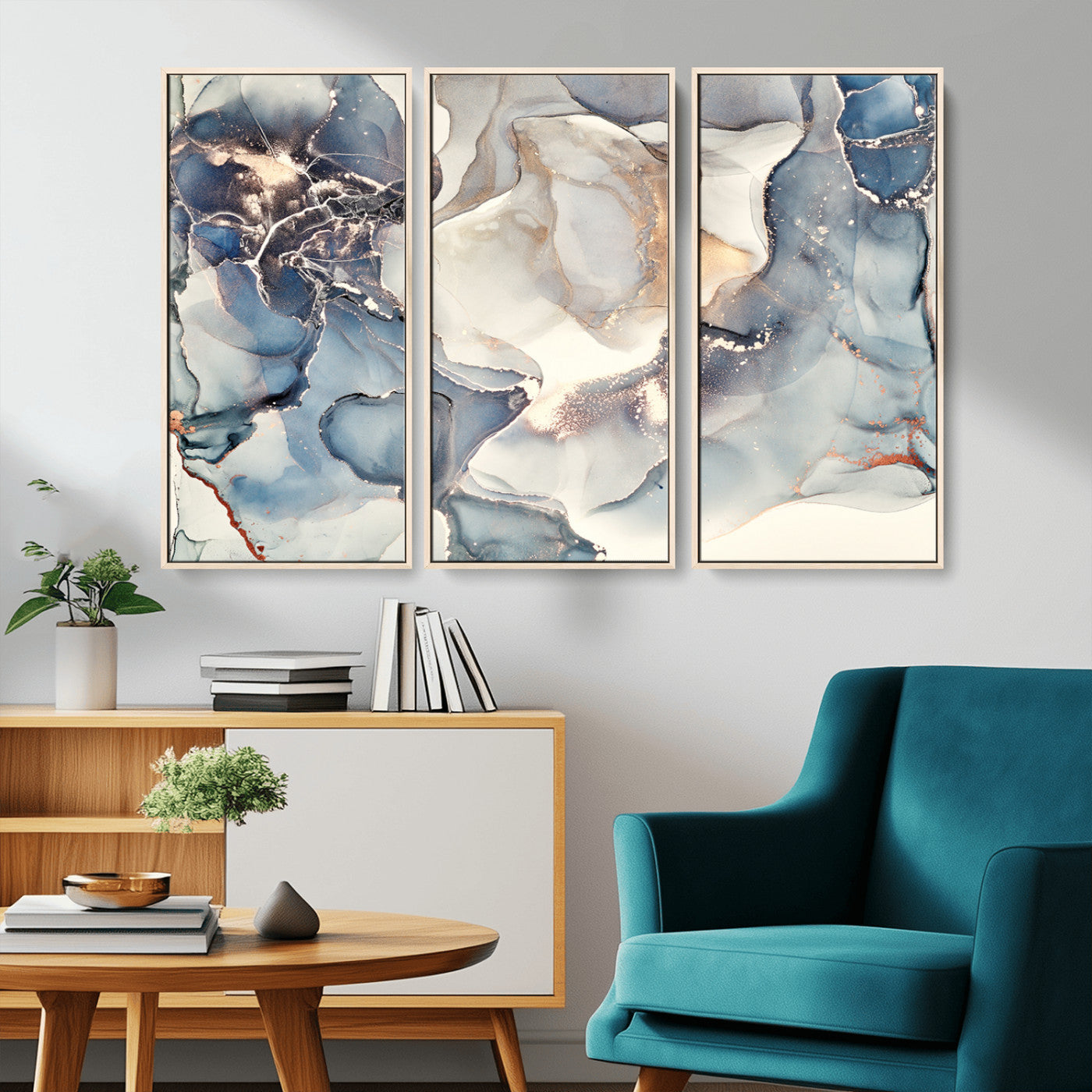 MGV-FC-48X32-3P - Abstract Blue and Gold Canvas Wall Art - Fluid Ink Artwork - Modern Luxury Wall Decor for Contemporary Interiors