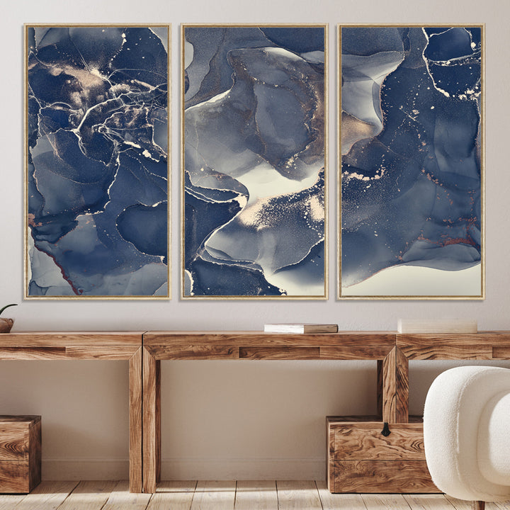Large Abstract Blue and Gold Canvas Wall Art | Fluid Ink Artwork Print | Luxury Wall Decor for Contemporary Interiors | Framed Ready to Hang