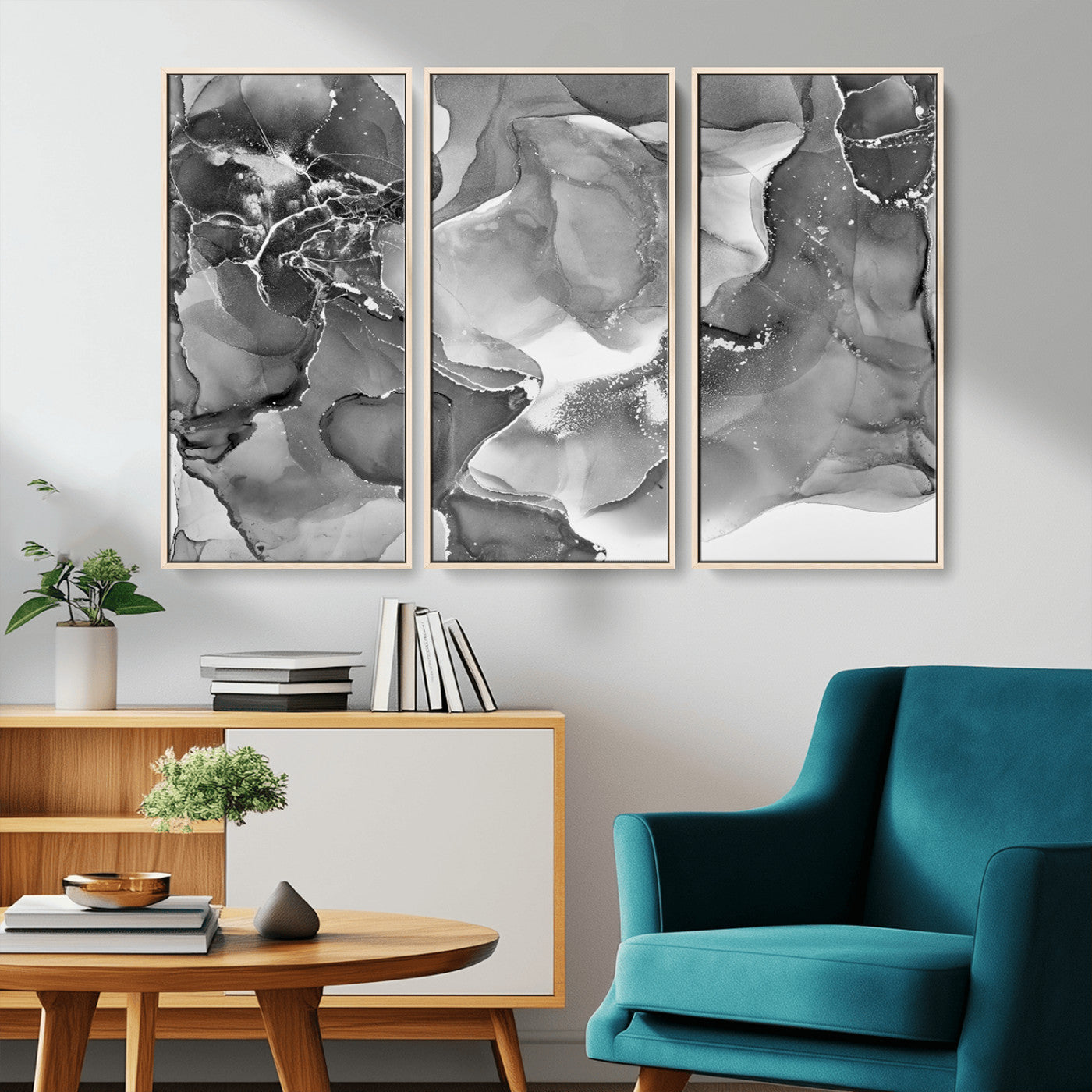 MGV-FC-48X32-3P - Black White Abstract Canvas Wall Art - Fluid Ink Artwork - Modern Luxury Wall Decor for Contemporary