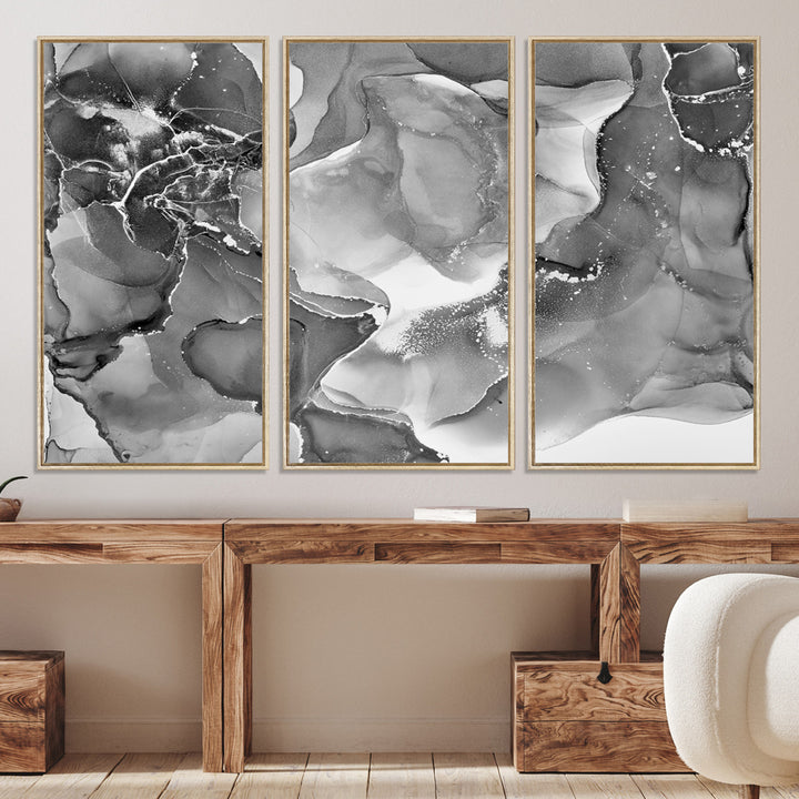 Black White Abstract Canvas Wall Art - Fluid Ink Artwork - Modern Luxury Wall Decor for Contemporary Interiors