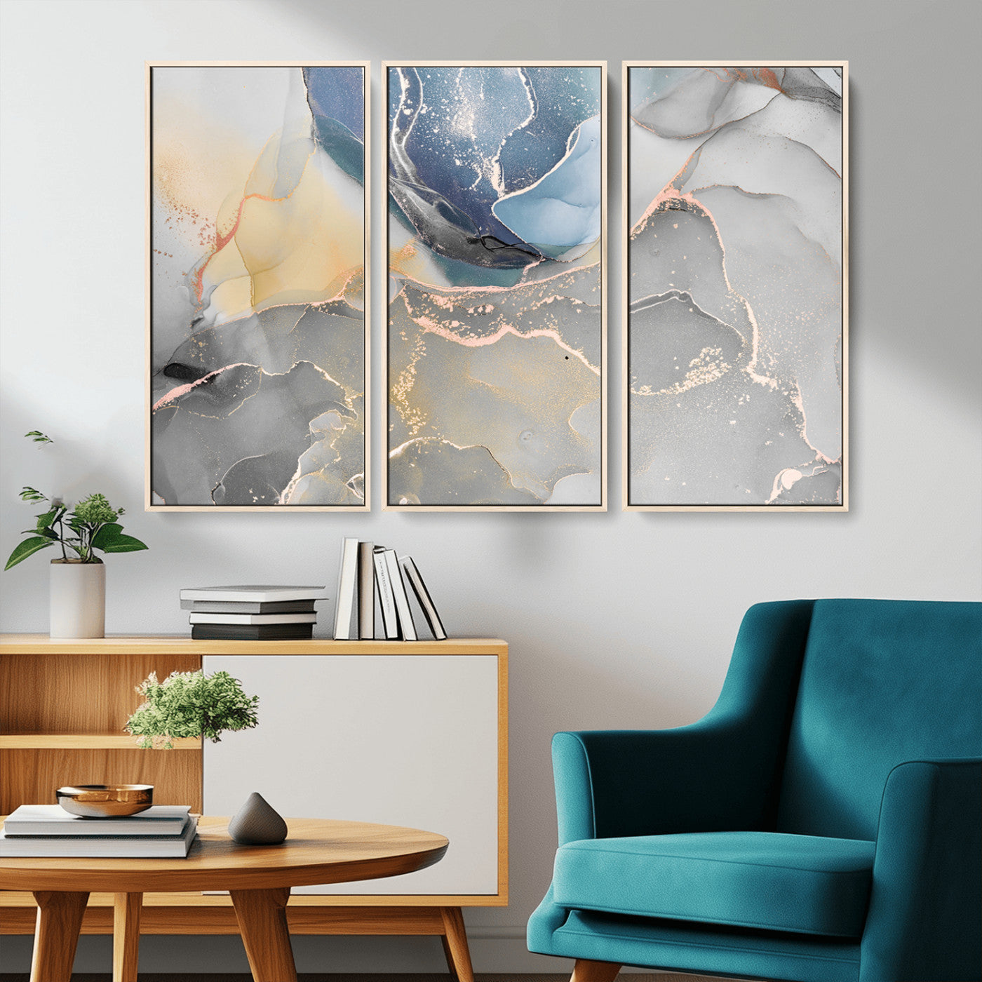 MGV-FC-48X32-3P - Large Abstract Blue and Gold Canvas Wall Art | Fluid Ink Artwork Print | Luxury Wall Decor for