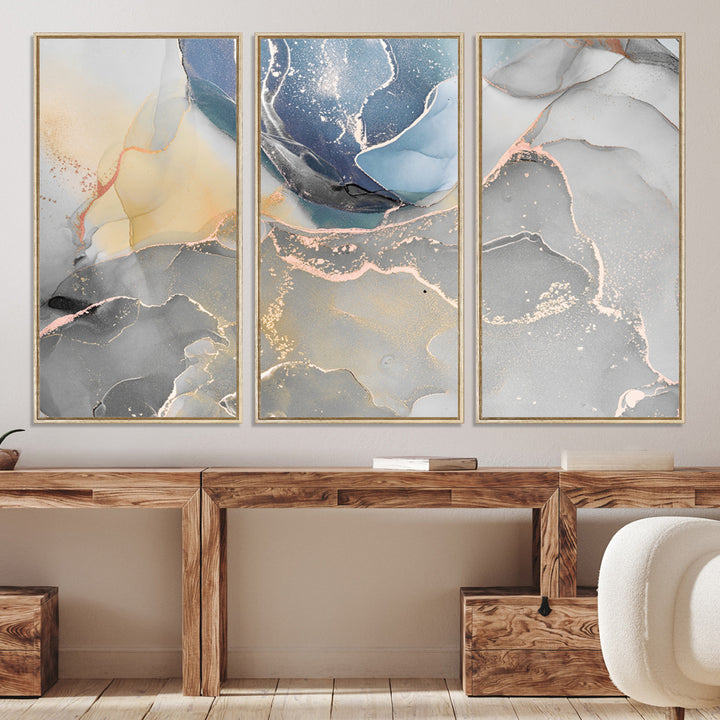 Large Abstract Blue and Gold Canvas Wall Art | Fluid Ink Artwork Print | Luxury Wall Decor for Contemporary Interiors | Framed Blue and Gold