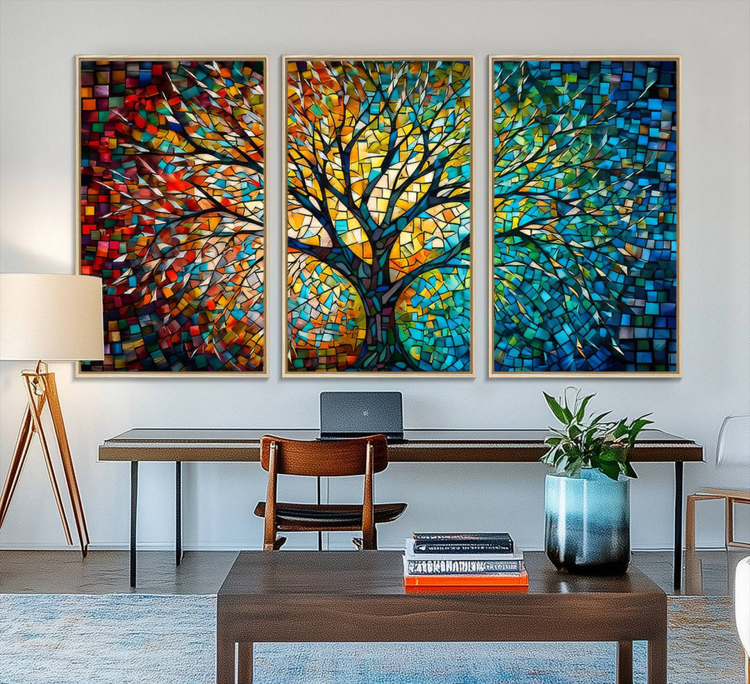 Explore the Yggdrasil Tree of Life Wall Art Print, a 3-panel canvas print made in the USA, featuring a vibrant multicolor mosaic design.