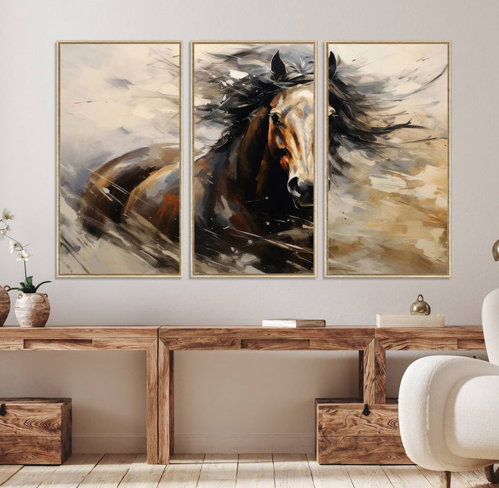 The Abstract Wall Art Horse Print adds rustic charm.