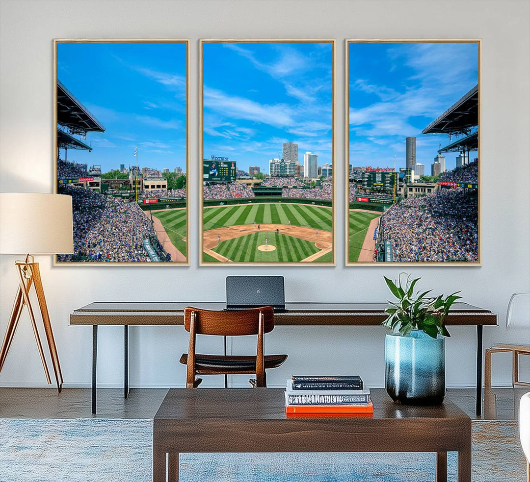 The Wrigley Field Chicago Cubs canvas art, depicting the iconic stadium, is perfect for sports lovers.