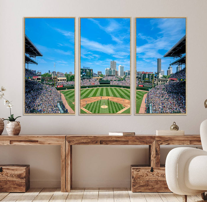 Panoramic view of Wrigley Field, ideal for the Wrigley Field Chicago Cubs Panoramic Canvas Wall Art - Ready to Hang.