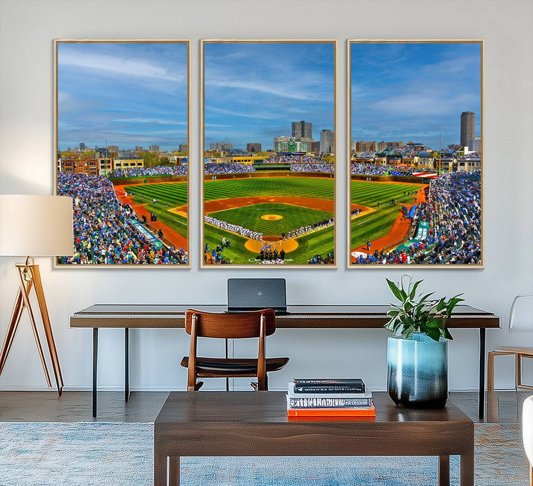 The Wrigley Field Cubs Panoramic Canvas Art hangs prominently in the modern living room.