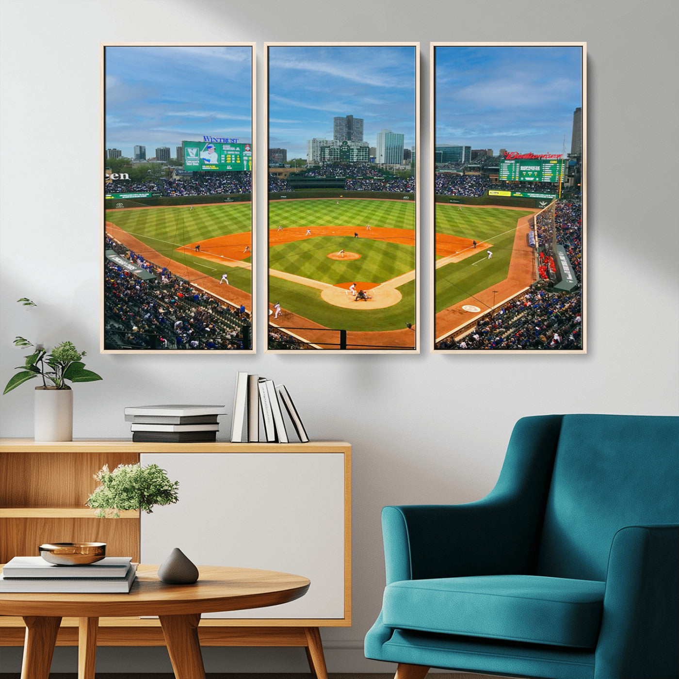 MGV-FC-48X32-3P - Wrigley Field Chicago Cubs Panoramic Multi Piece Canvas Wall Art - Iconic Baseball Stadium Print for