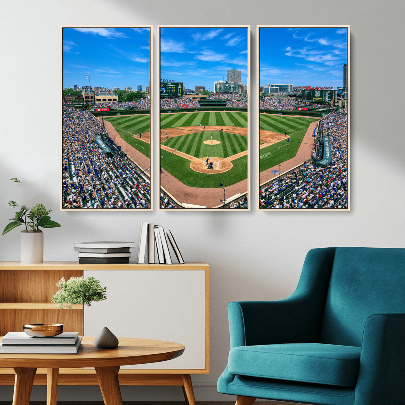 MGV-FC-48X32-3P - Framed Wrigley Field Chicago Cubs Print, Panoramic Multi Piece Canvas Wall Art - Iconic Baseball