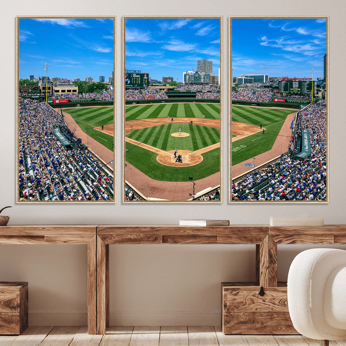 26064-MGV-CV-30X20-Framed Wrigley Field Chicago Cubs Print, Panoramic Multi Piece Canvas Wall Art - Iconic Baseball Stadium Print for Sports Lovers - Ready to