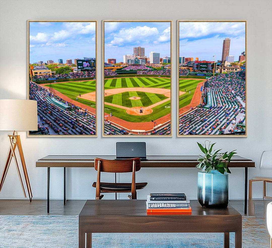 A 3-piece panoramic canvas wall art showcases an aerial view of a packed Chicago Cubs game at Wrigley Field, perfect for sports lovers.