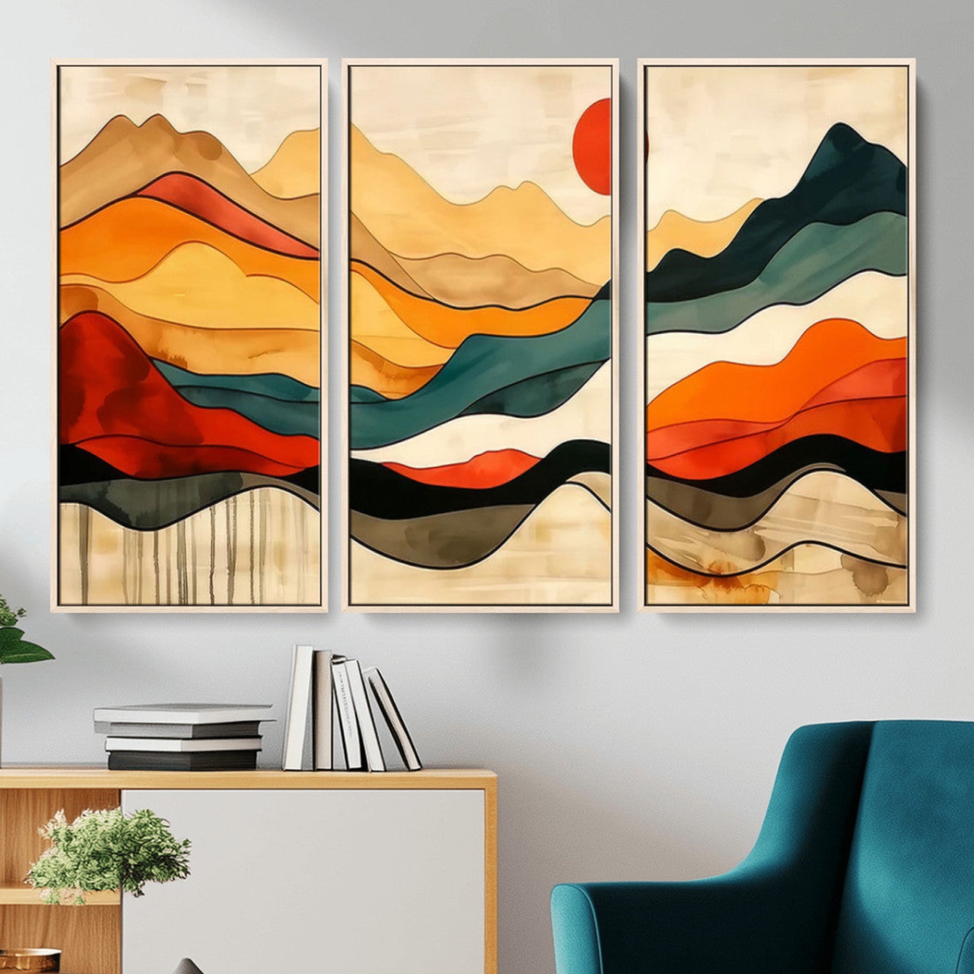A vibrant abstract landscape featuring layered hills in rich earth tones with a striking red sun, evoking warmth and movement in a minimalist style.