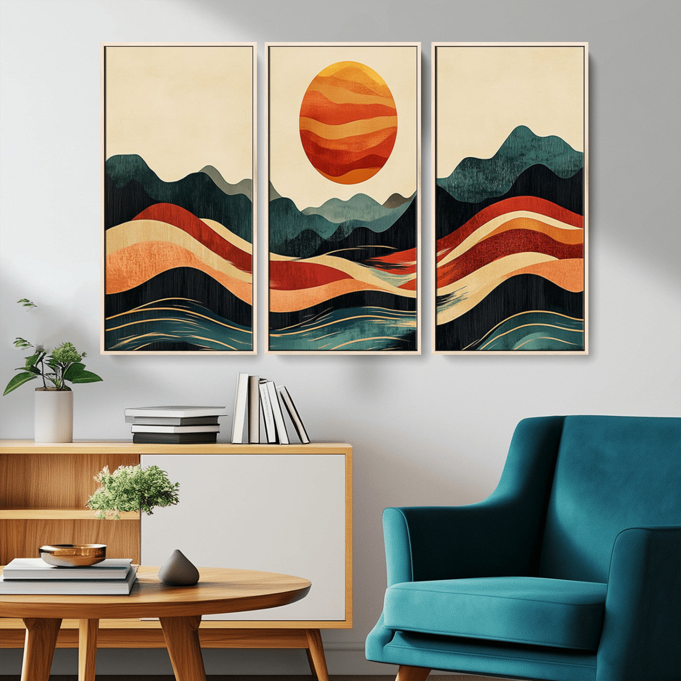 MGV-FC-48X32-3P - Mountain Triptych Wall Art - Western Nature Prints - Framed Boho Pine Tree Canvas for Log Cabin or