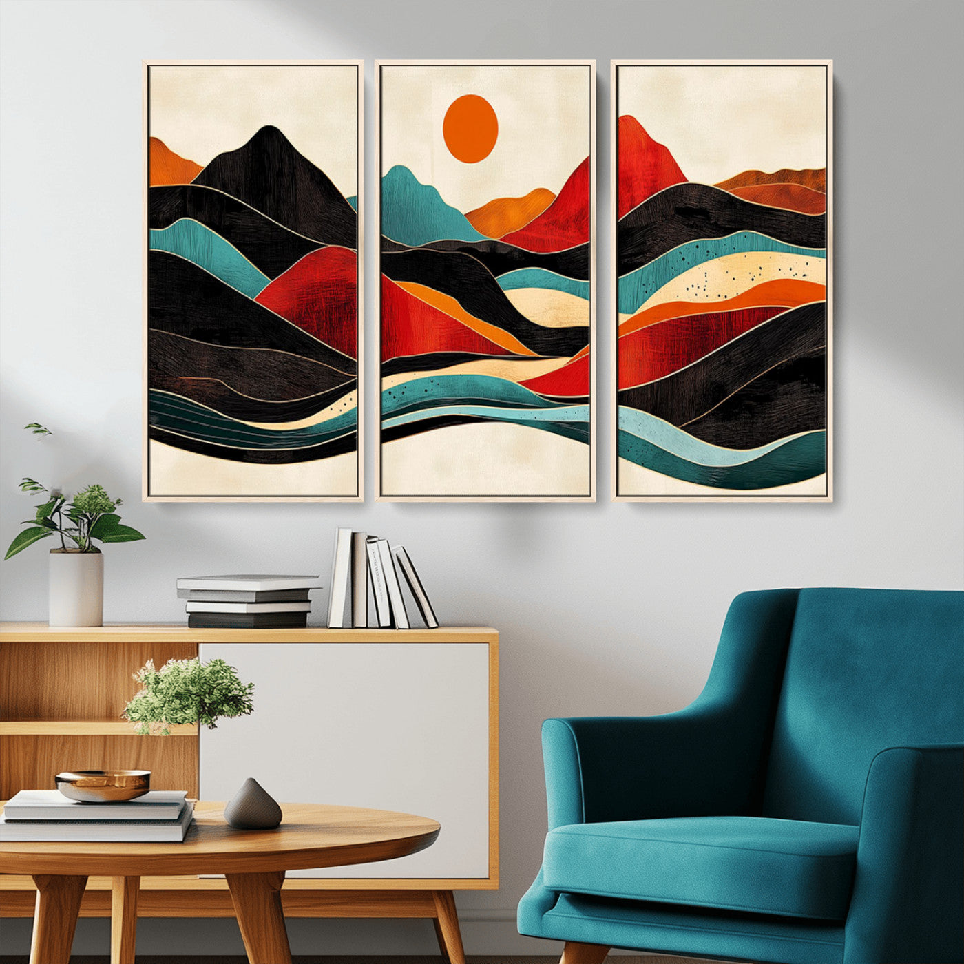 MGV-FC-48X32-3P - Western Wall Decor - Large Triptych Mountain Canvas - Boho Woodland Wall Art Print - Framed