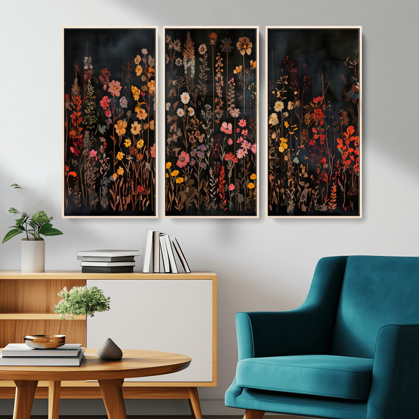 MGV-FC-48X32-3P - Dark Floral Canvas Wall Art - Moody Botanical Flower Print - Rustic Floral Wall Decor for Home -