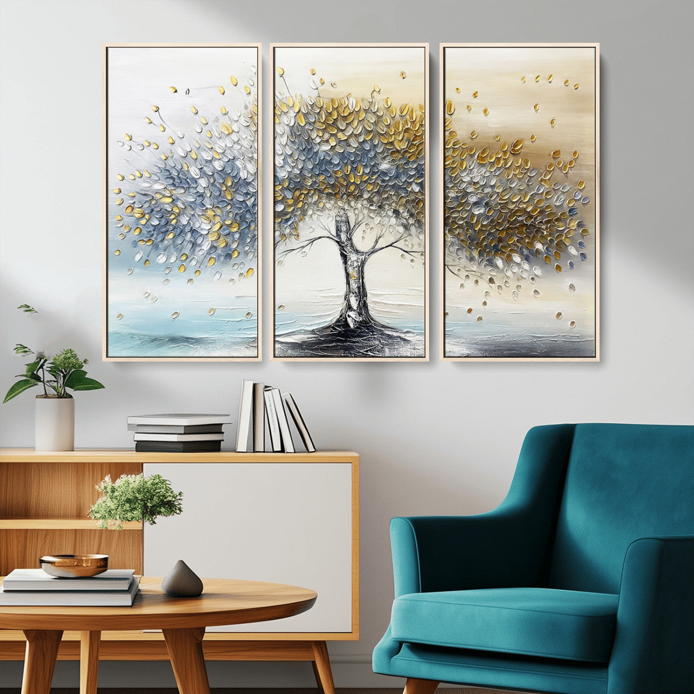 An elegant impasto painting featuring a tree with shimmering silver and gold leaves, blending soft pastels to create a calm and sophisticated atmosphere.